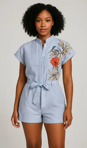 Zara Blue Striped Jumpsuit with Floral Embroiderysize M thumbnail 1