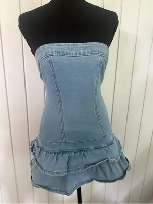 Strapless Light Blue Denim Mini Dress - Women Jeans thumbnail 1