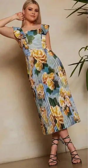 Chi Chi London Floral Print Ruffle‎ Pleated Midi Dress in Blue Curve US 16 thumbnail 1