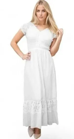 ✨Anna-Kaci Lace Cap Sleeve Lace Trim Ruffle Flared Hem Maxi Cream Sz S Dress✨ thumbnail 1