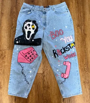 VTG‎ Route 66 Custom Hand Painted Ghostface Scream Jeans Womens 40x29 Halloween thumbnail 1