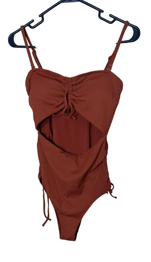 Aerie Womens Ribbed Cutout One Piece Swimsuit Rust Brown Ruched Medium thumbnail 1