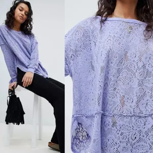 FREE PEOPLE Purple Glacier Not Cold In This Top Lilac Lace Pullover Top Crew thumbnail 3