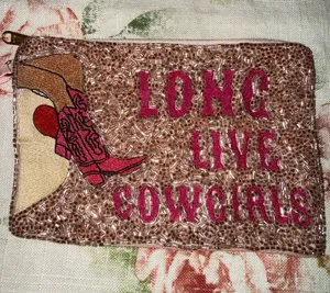 Beaded 'Long Live Cowgirls' Zip Card Pouch - Pink thumbnail 1