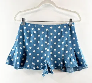 AQUA Polka Dot Ruffle Hem Flutter Denim Shorts Blue White Medium thumbnail 2