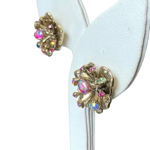 Betsey Johnson Blooming Flower Iridescent Rhinestone Blues Greens Earrings Fairy thumbnail 3