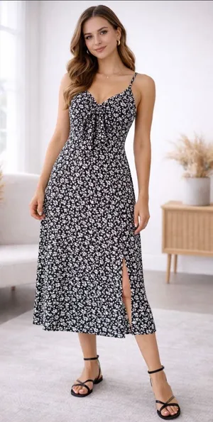 Sleeveless Black Floral Tie-Front Midi Dress thumbnail 1