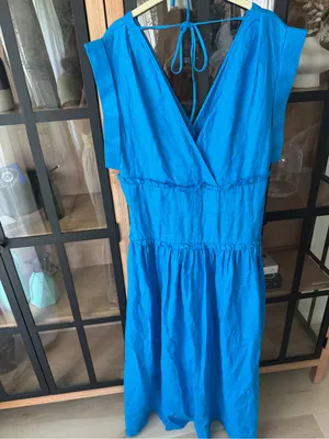 NWT Banana Republic linen maxi dress cinch-waist cobalt royal cap short sleeve thumbnail 6