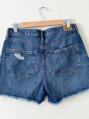 American Eagle 90s Boyfriend Denim Shorts Sz 12 Distressed Raw Hem EUC thumbnail 3