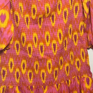 Zara Pink Orange Ikat Smocked Off Shoulder Puff Sleeve Midi Dress‎ Womens XL thumbnail 4