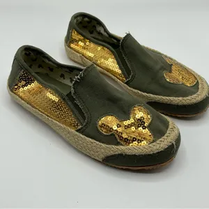 Mickey Mouse Sz 7 Slip On Shoes Green Gold Sequins Espadrille Soles thumbnail 2