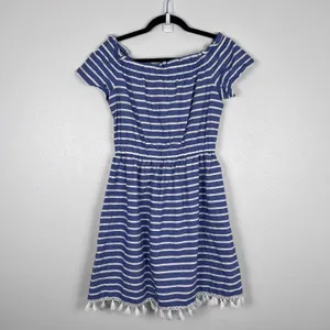 Eliza J Women Blue White Stripe Off The Shoulder Tassel Dress 6‎ thumbnail 9