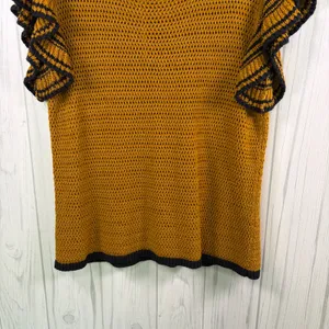 LOFT Open Knit Flutter Sleeve Top‎ in Mustard Yellow & Navy, Medium thumbnail 5
