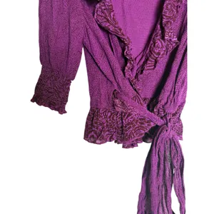 Free People Olivia Purple Printed Tie Waist Cropped Puff Sleeve Wrap Top Size XS thumbnail 7