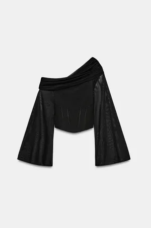 BNWT Zara Black Asymmetric Draped Bell Sleeve Tulle Top thumbnail 2
