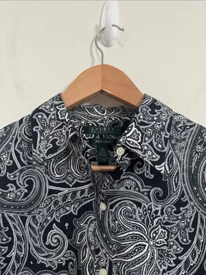 Lauren Ralph Lauren Black & White Paisley Non-Iron Button-Down Preppy Shirt sz M thumbnail 3