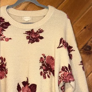 Altar’d State tan & maroon large floral puff sleeve sweater thumbnail 3