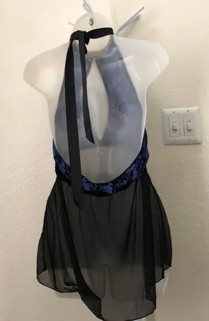 Plus size Black blue halter floral mini slip on tie back sexy lingerie top mini dress sheer choker neckline Size 1X /2X -excellent condition. Measurement in pics(stretchy) thumbnail 2