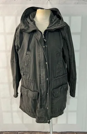 Gap Grey Winter Warmth Full Zip Snap Mid Length Cotton Hooded Jacket Size XL thumbnail 1