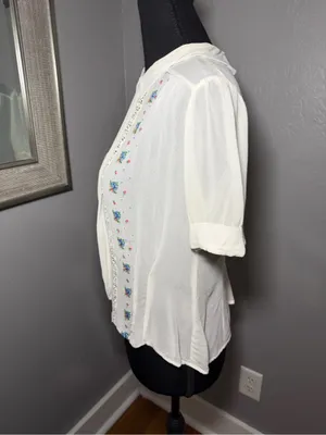 VTG Silk Embroidered Lace Striped Button Back Cottagecore White Top 42 Small thumbnail 5