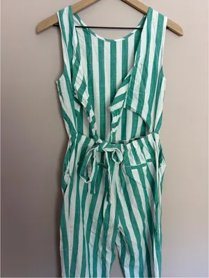 Marine Layer Eloise Belted Jumpsuit Green Stripes thumbnail 5
