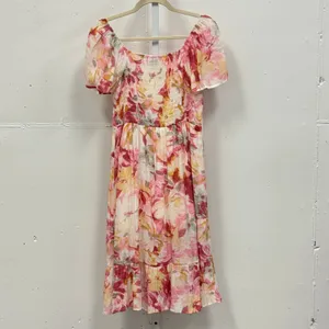 Boutique Luxology Floral Midi Dress Smocked Back Puff Sleeve‎ Size S Yellow Pink thumbnail 2
