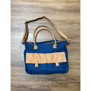 Blue Canvas Tote Bag with Tan Faux Leather Accents and Crossbody Strap thumbnail 2