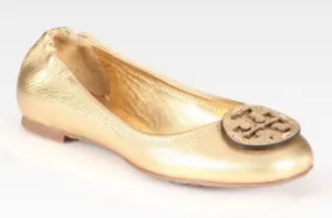 Tory Burch Reva Gold Metallic Ballet Flats Grained Leather Logo Size 7 Y2K thumbnail 1
