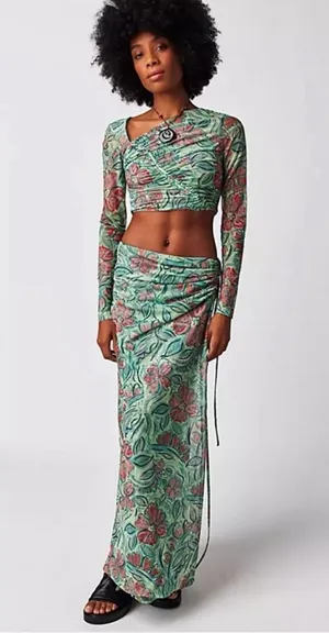 Free People Supernova Set Two Piece Skirt Crop Top Long Sleeve Green thumbnail 1