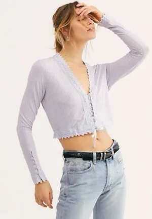FREE PEOPLE Intimately Third Date Lace Ribbed Knit Long Sleeve Cardigan Top thumbnail 1