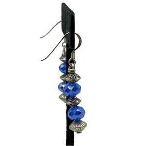 Handmade 925 Sterling‎ Silver Hook Bead Drop Earrings Blue Saphire Glass Crystal thumbnail 3