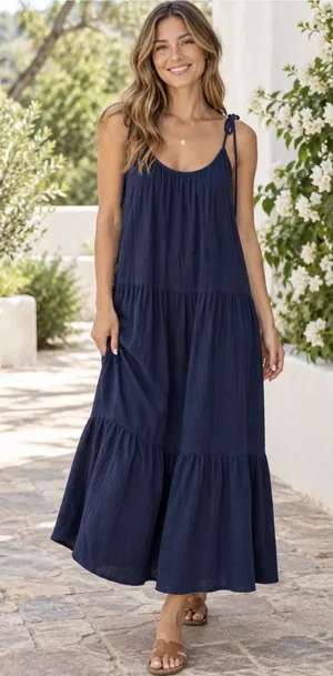 Sleeveless Tie-Shoulder Maxi Dress in Navy thumbnail 1