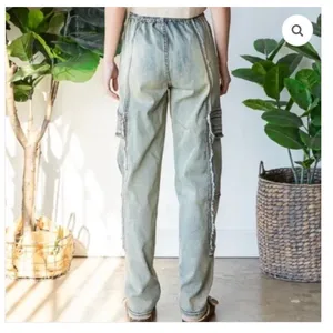 Oli‎ & Hali Yellow Wash Distressed Cargo Jeans XL Fringed Raw Edge Utility Pants thumbnail 14