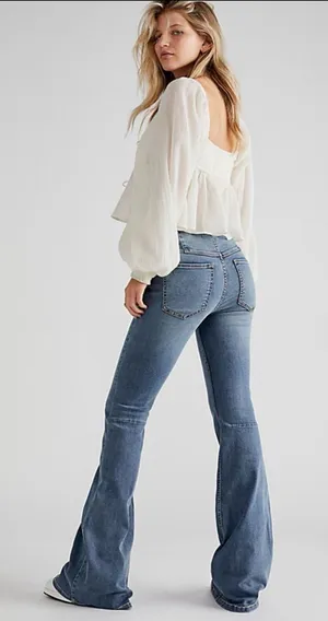 Free People Penny Pull On Flare Jeans Medium Wash Stretch Womens 28 thumbnail 1