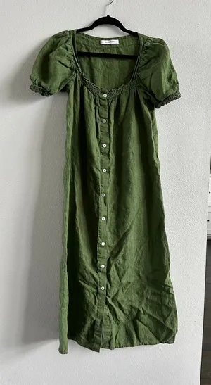 SLEEPER Brigitte Button Down Olive Green Midi Dress in Size Small thumbnail 1
