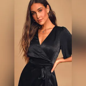 Lulus Wrapped Up In Love Black Satin Faux-Wrap Midi Dress thumbnail 2