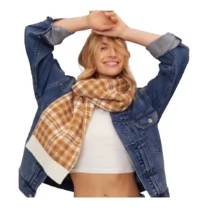 Timberland Buffalo Plaid Scarf,‎ 10"x68" Wheat Tan White Unisex New Comfy Preppy thumbnail 1