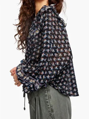 Free People Jenna Top Printed Long Sleeve Blouse Size Small Black Blue White thumbnail 4
