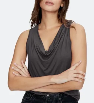 DREW Draped Neck Metallic Gray Sleeveless Top thumbnail 1
