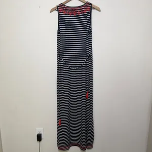 THML‎ Women Maxi Dress Medium Blue White Striped Red Embroidered Boho Resort thumbnail 7