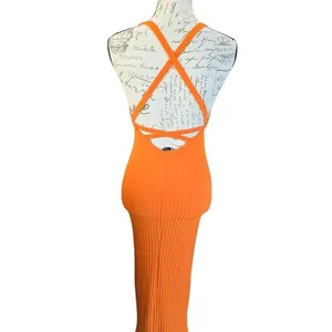 Zara Women's Orange Ribbed‎ Midi Dress Halter Neck Open Back Size Small thumbnail 3