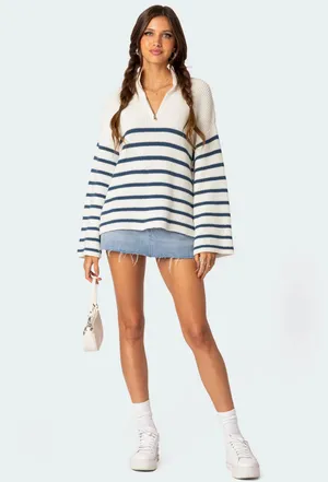 Edikted White Quarter-Zip Blue Striped  thumbnail 2