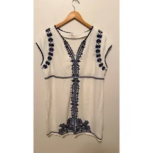 Boden Shift Dress Sz 16 Ivory Navy Blue Embroidered Linen V-Neck Boho Vacation thumbnail 4