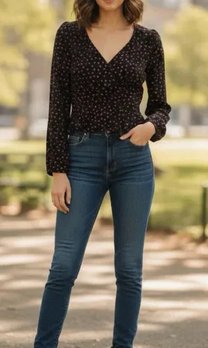 Abercrombie & Fitch Black Ditsy Floral Crop Top Long Sleeve Square Neck XS Bran thumbnail 1