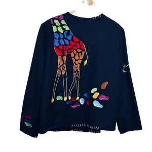 Drapers Damons Women Button Jacket L Black Giraffe Embroidered Statement Artwear thumbnail 2