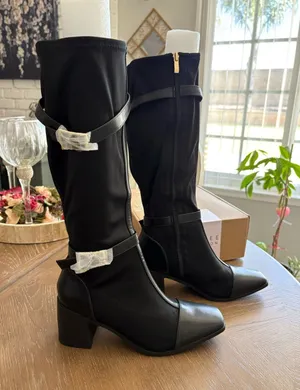 Journee Collection Black Mid-Calf Block Heel Boots with Strap Detail thumbnail 1