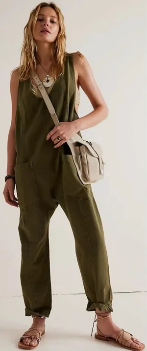 Free People High Roller Jumpsuit in Moss Stone Size Small Denim Overalls Harem thumbnail 1