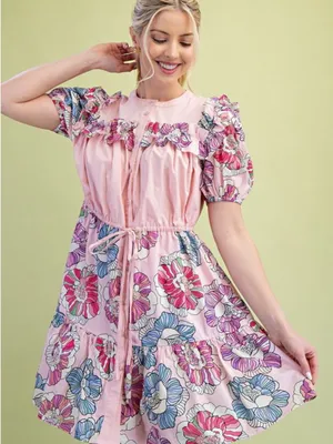 Gigio Pink Floral Ruffle Puff Sleeve Dress Size L thumbnail 1
