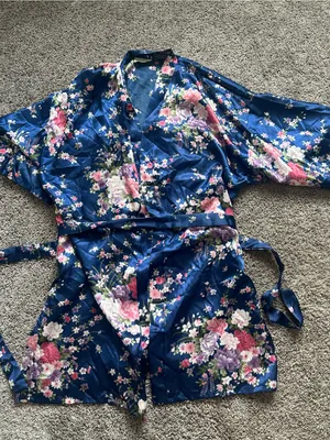 Floral Satin Kimono Robe - Navy Blue thumbnail 1