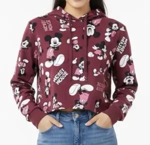 Disney Mickey Mouse Women’s Hoodie Cropped Burgundy Medium M Cotton Blend Casual thumbnail 1